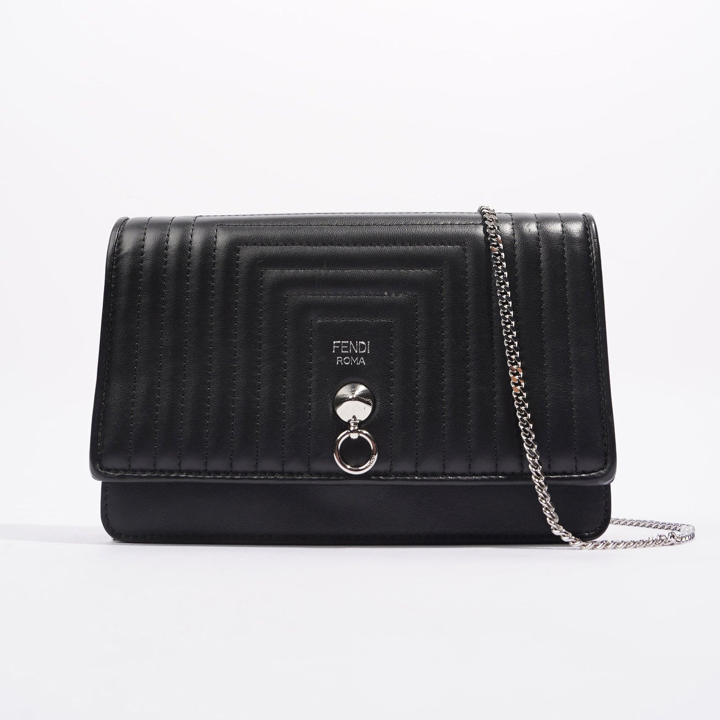 Fendi Womens Dotcom Quilted Wallet On Chain Black