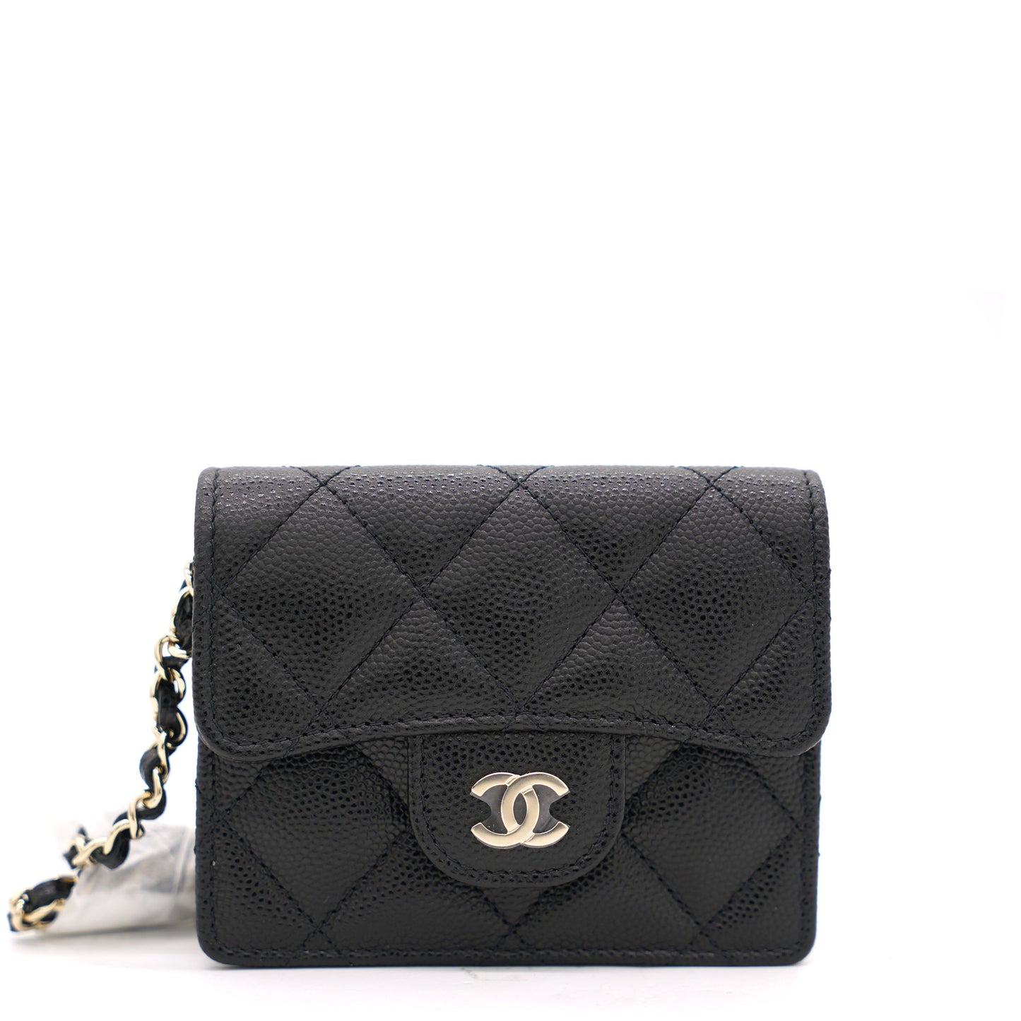 Black Caviar Leather Flap Card Holder with Chain