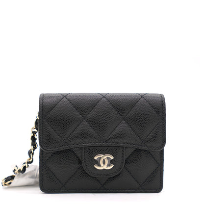 Black Caviar Leather Flap Card Holder with Chain