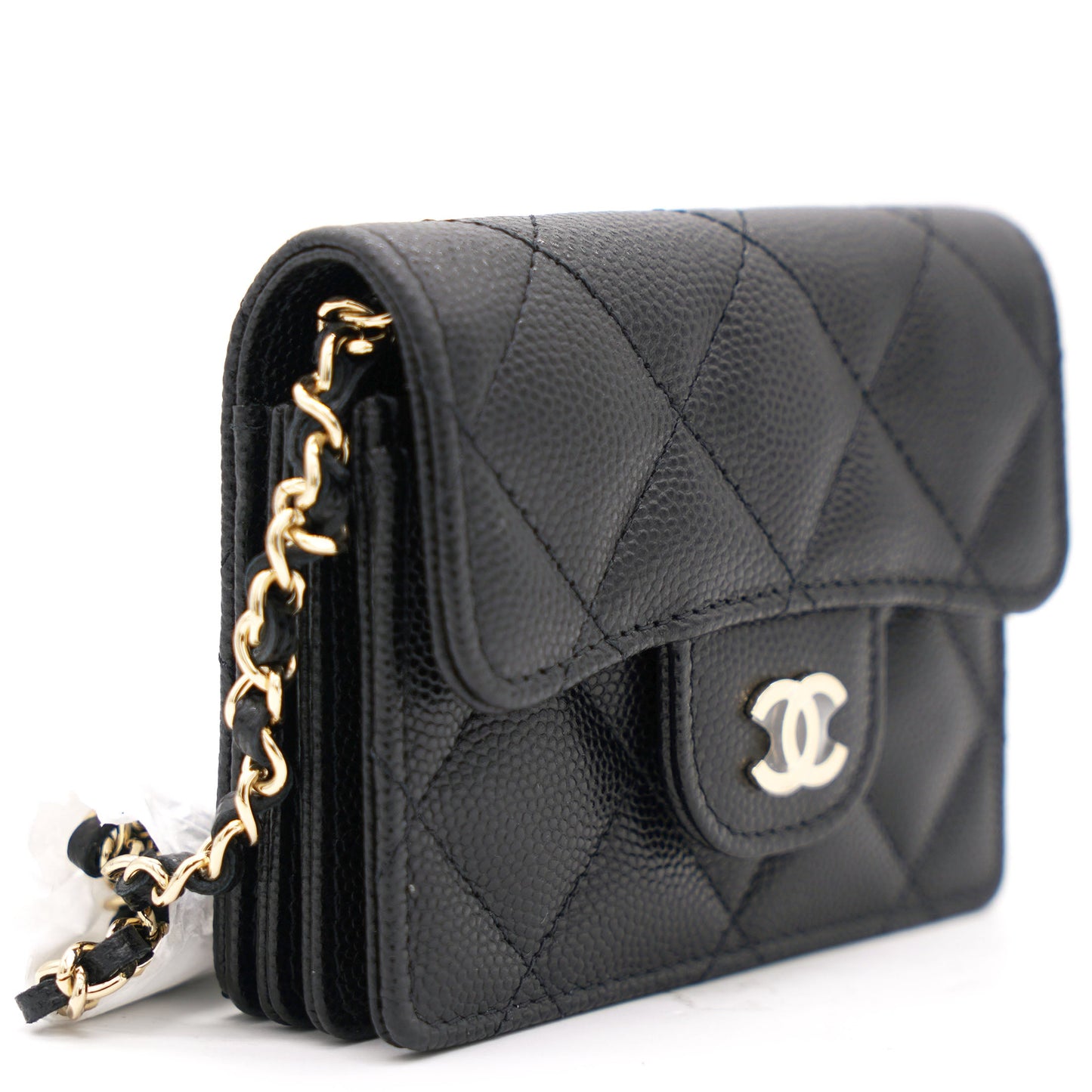 Black Caviar Leather Flap Card Holder with Chain