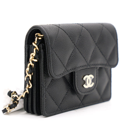 Black Caviar Leather Flap Card Holder with Chain