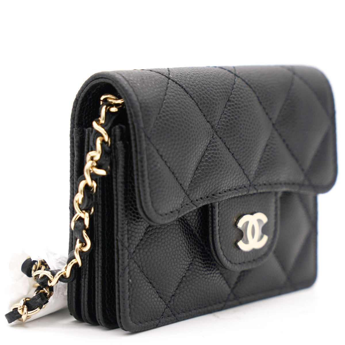 Black Caviar Leather Flap  Holder with Chain