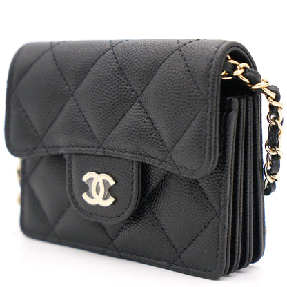 Black Caviar Leather Flap  Holder with Chain