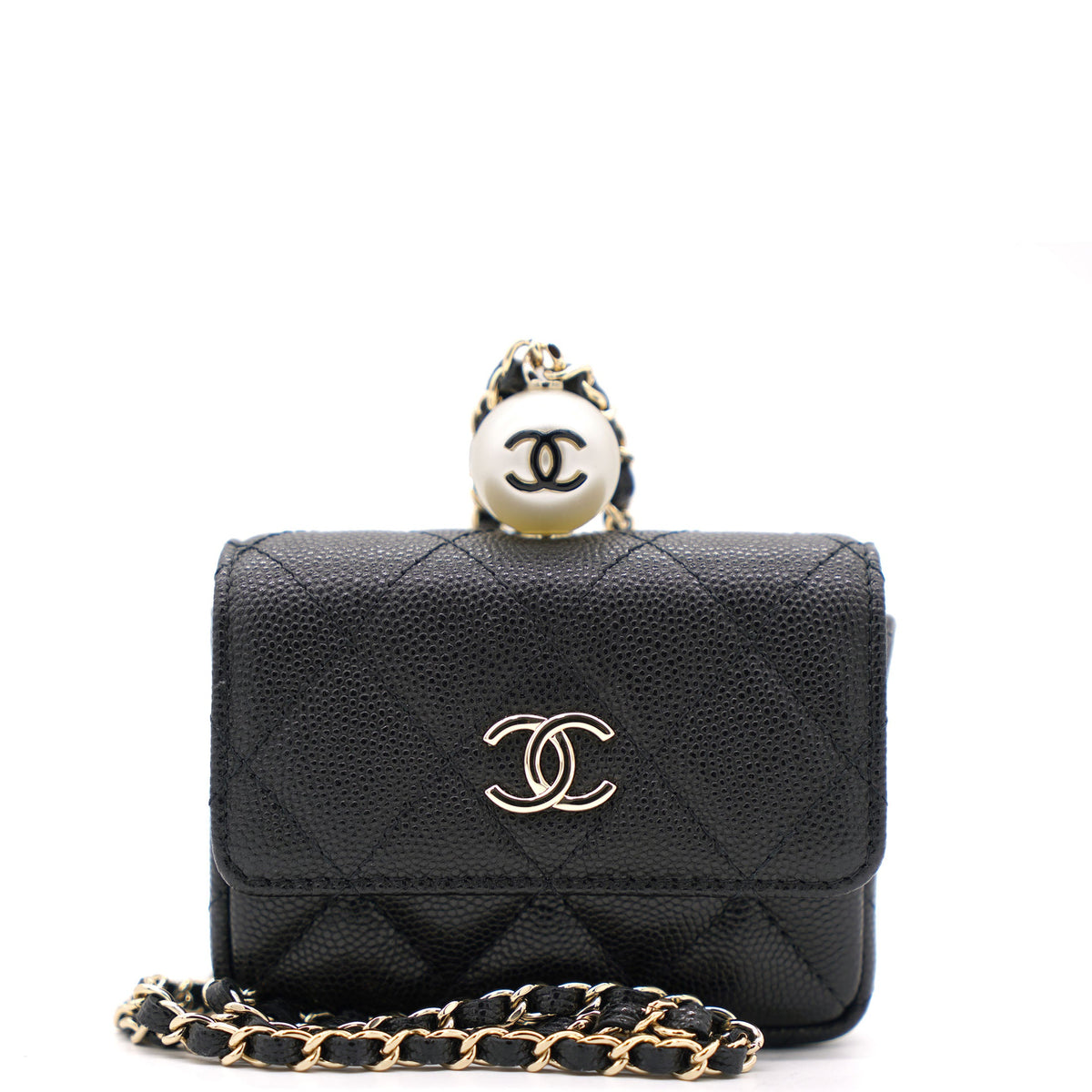 Black Caviar Leather Pearl Flap Card Holder with Short Chain