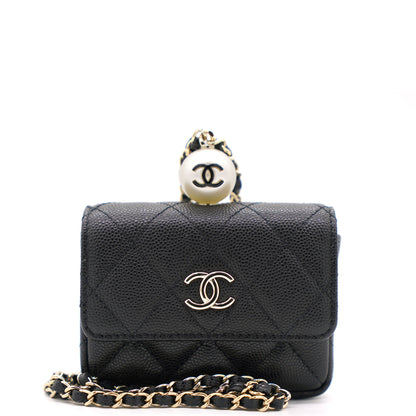Black Caviar Leather Pearl Flap Card Holder with Short Chain