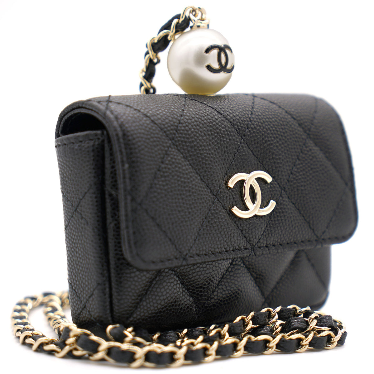 Black Caviar Leather Pearl Flap Card Holder with Short Chain