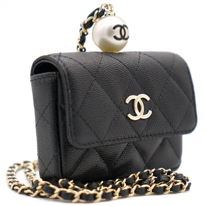 Black Caviar Leather Pearl Flap  Holder with Short Chain