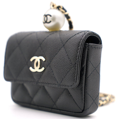 Black Caviar Leather Pearl Flap Card Holder with Short Chain