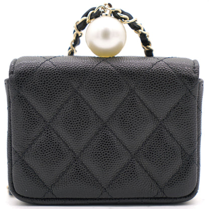 Black Caviar Leather Pearl Flap Card Holder with Short Chain