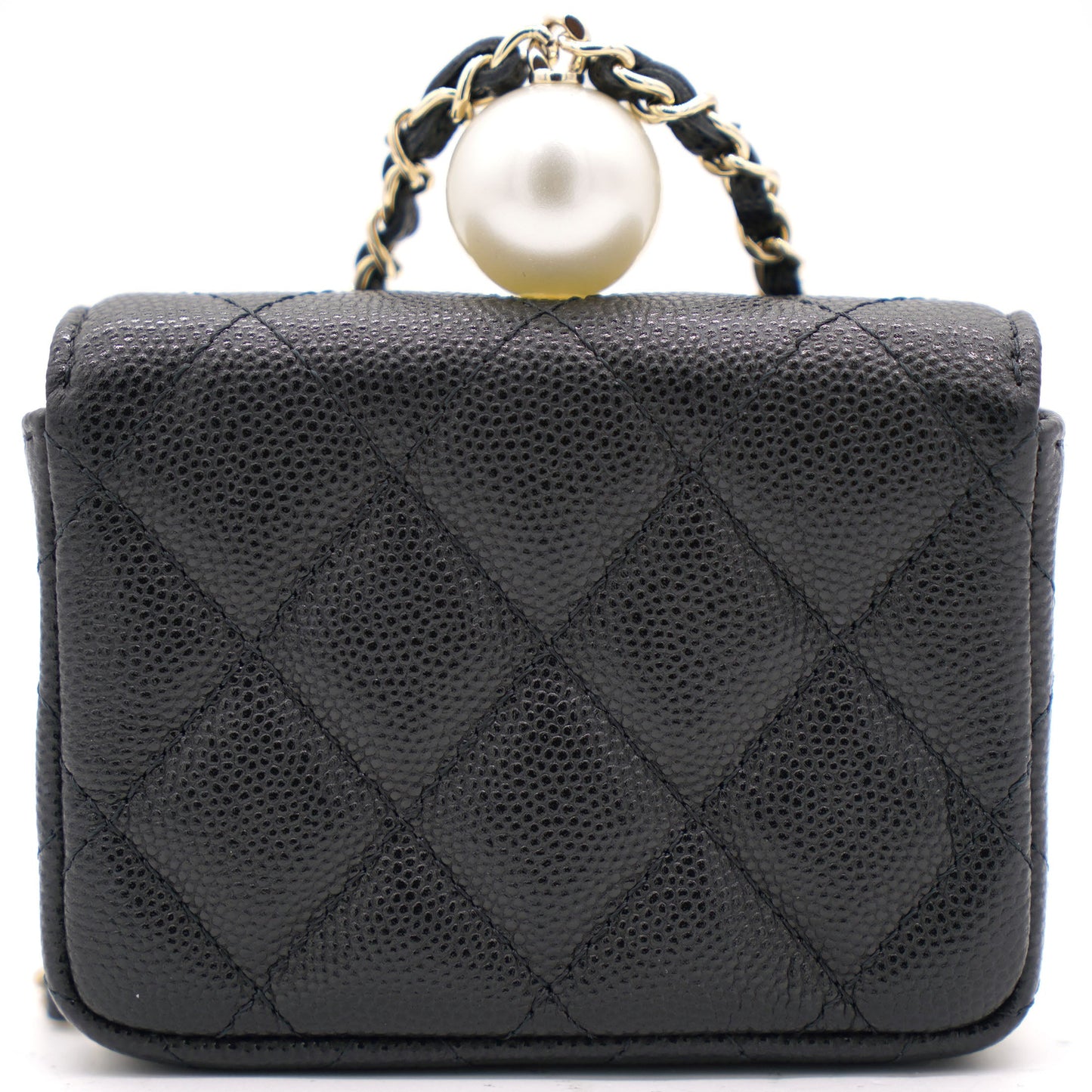Black Caviar Leather Pearl Flap  Holder with Short Chain
