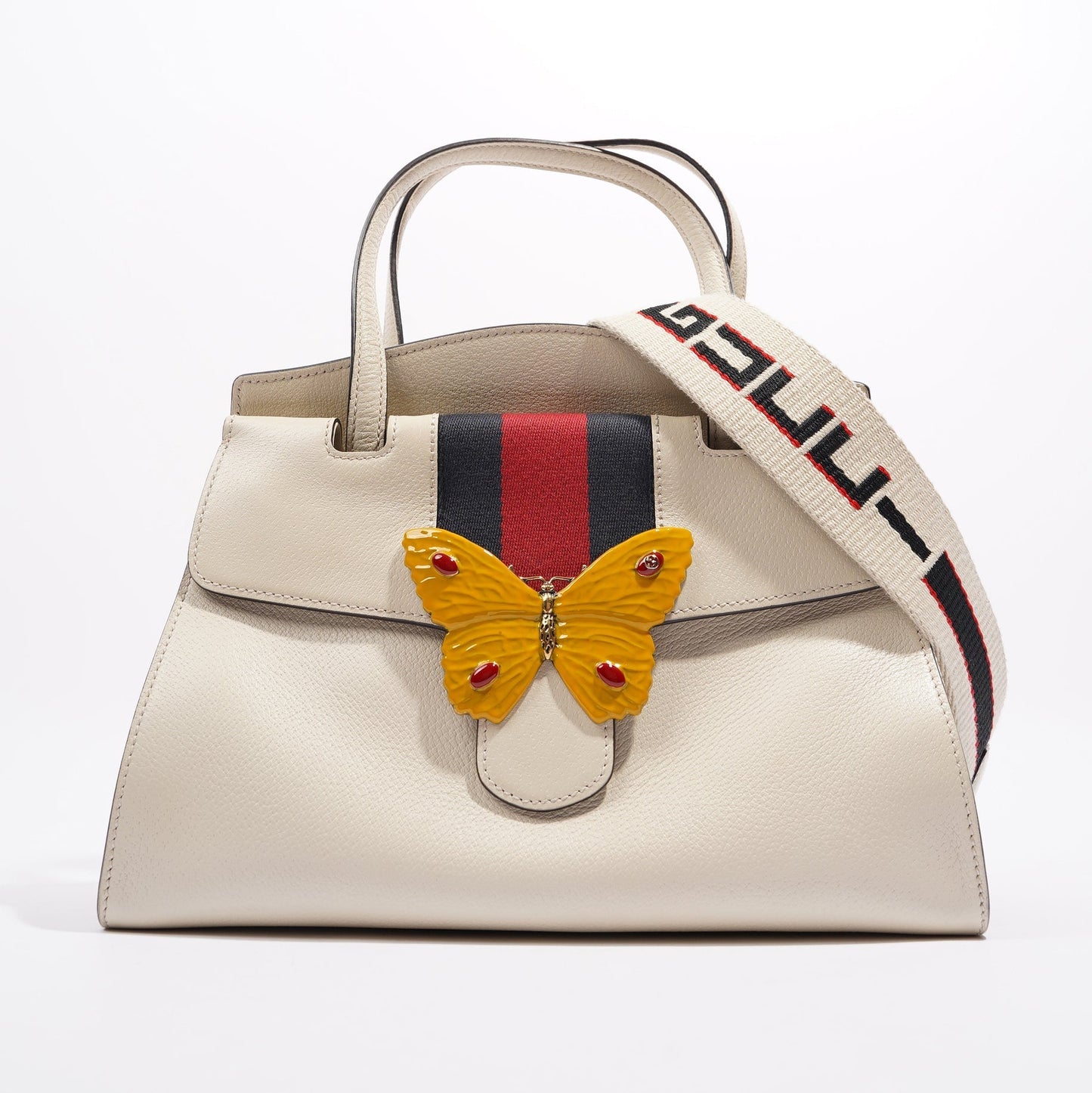 Gucci Totem Web Stripped Butterfly Bag White Leather Medium