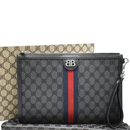 Balenciaga X Gucci Hacker Project Web BB Canvas Wristlet Clutch Black 680382