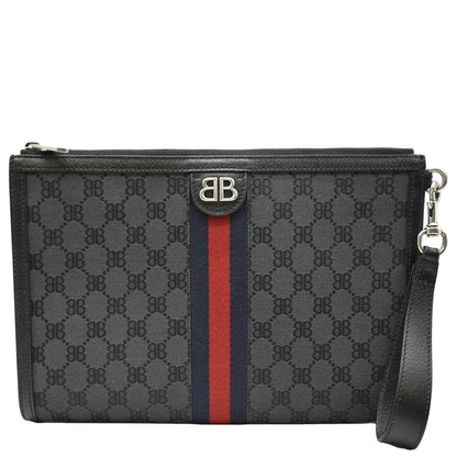 Balenciaga X Gucci Hacker Project Web BB Canvas Wristlet Clutch Black 680382