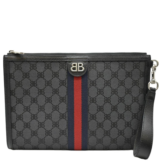 Balenciaga X Gucci Hacker Project Web BB Canvas Wristlet Clutch Black 680382
