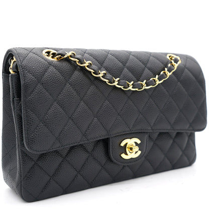 Black Quilted Caviar Leather Medium Classic Double Flap Bag