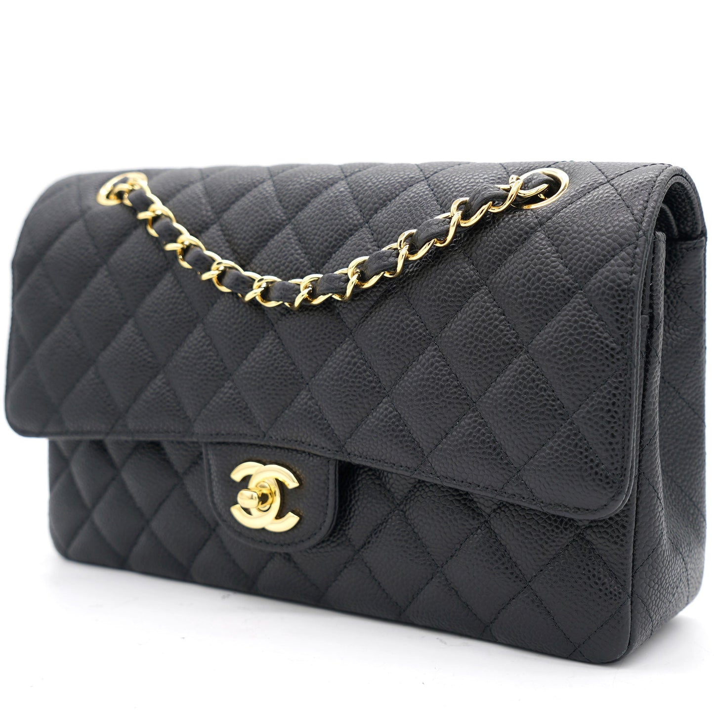 Black Quilted Caviar Leather Medium Classic Double Flap Bag