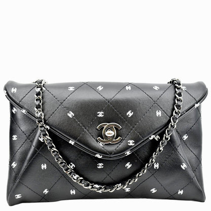 Chanel CC Envelope Printed Lambskin Leather Chain Clutch Bag Black