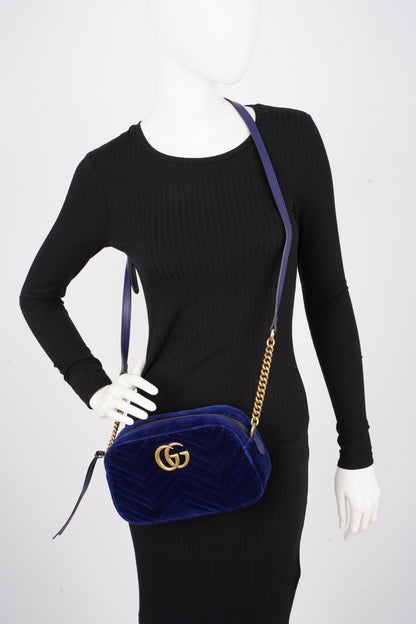 Gucci Womens Matelasse GG Marmont Bag Blue Velvet Small