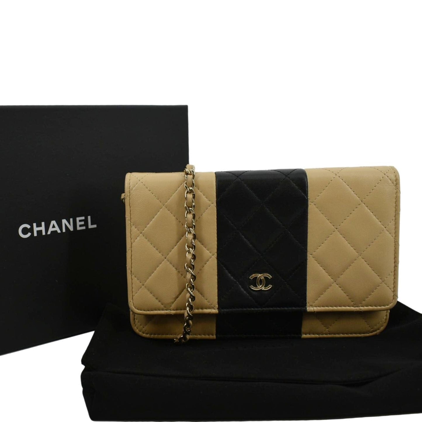 CHANEL WOC Quilted Leather Wallet On Chain Crossbody Bag Bicolor