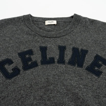 CELINE Size L Graphic Print Crew Neck Sweater Wool/Cashmere Dark Grey