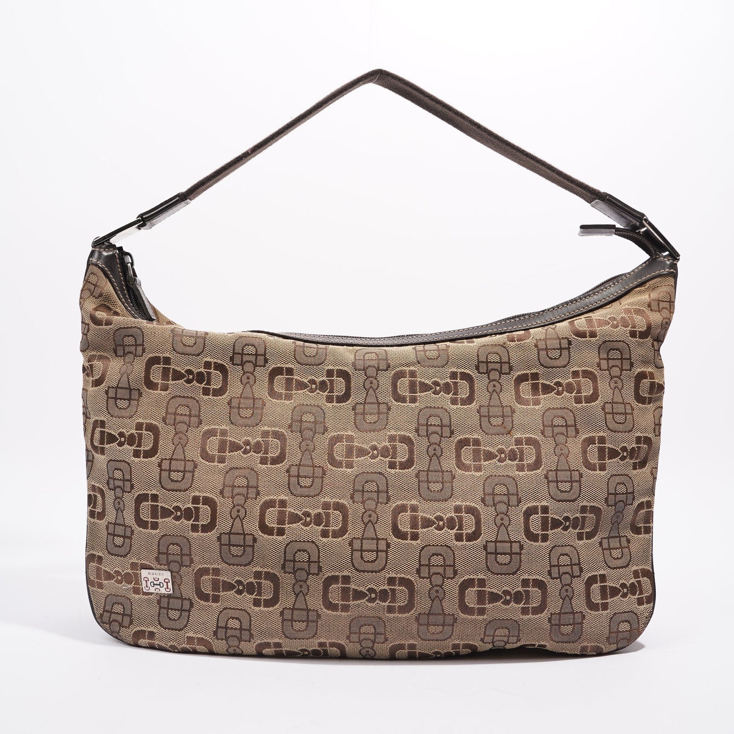 Gucci Womens Vintage Horsebit Canvas Shoulder Bag Brown Small