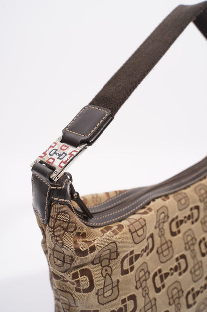 Gucci Womens Vintage Horsebit Canvas Shoulder Bag Brown Small