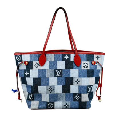Louis Vuitton Neverfull MM Patchwork Monogram Denim Shoulder Bag Blue