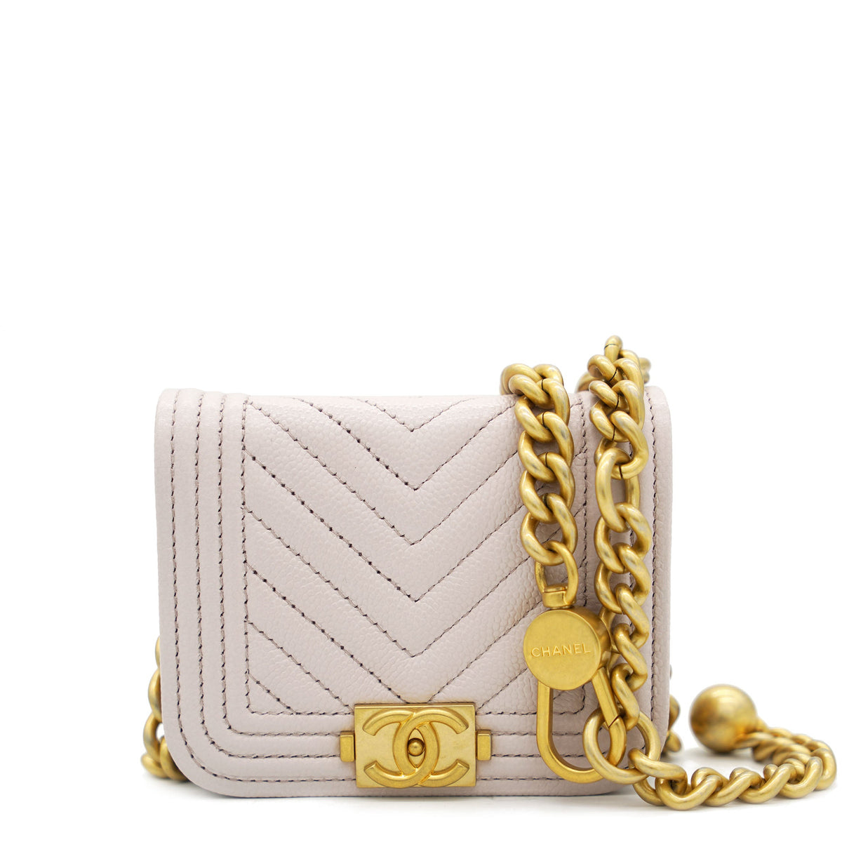 Pink Caviar Leather Boy  Holder with Chain
