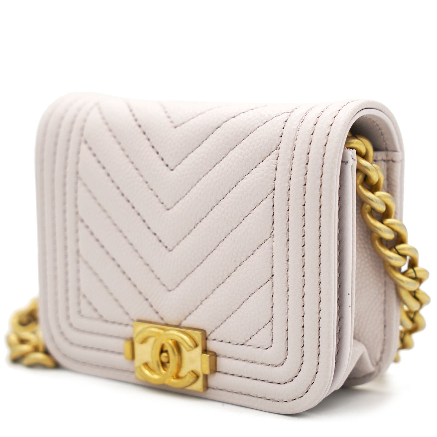 Pink Caviar Leather Boy Card Holder with Chain