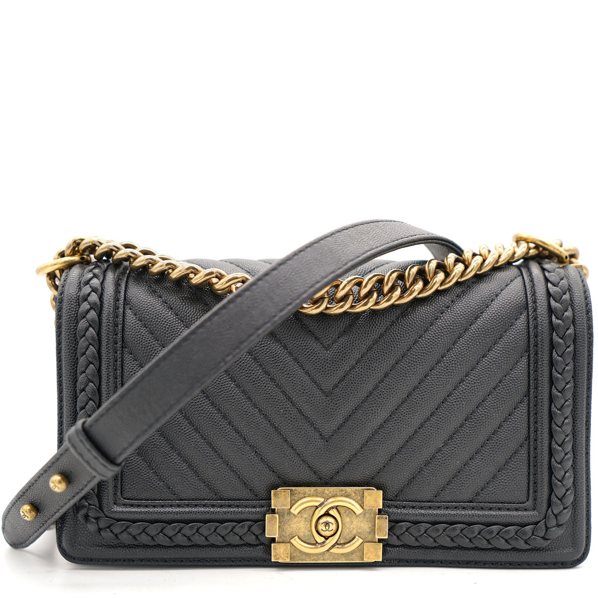 Black Quilted Leather and Twisted Leather Trim Old Medium Boy Flap Bag