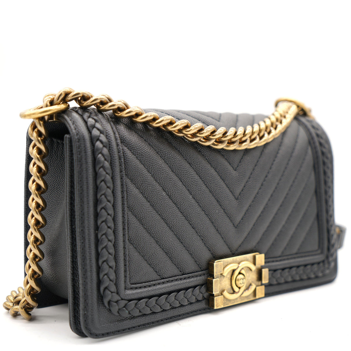 Black Quilted Leather and Twisted Leather Trim Old Medium Boy Flap Bag