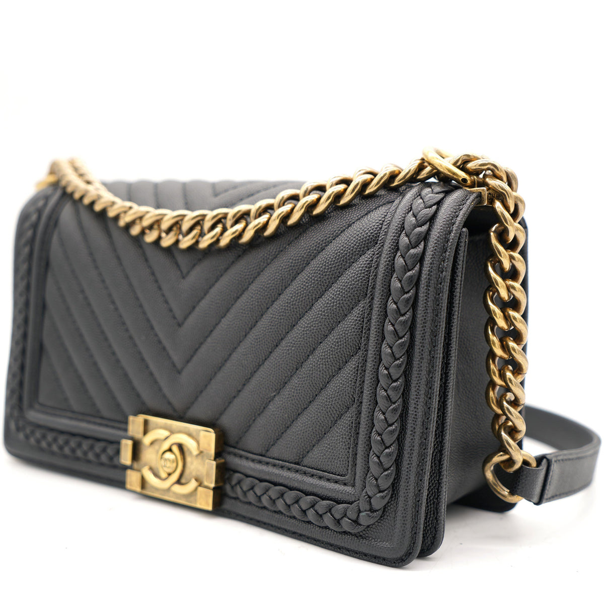 Black Quilted Leather and Twisted Leather Trim Old Medium Boy Flap Bag