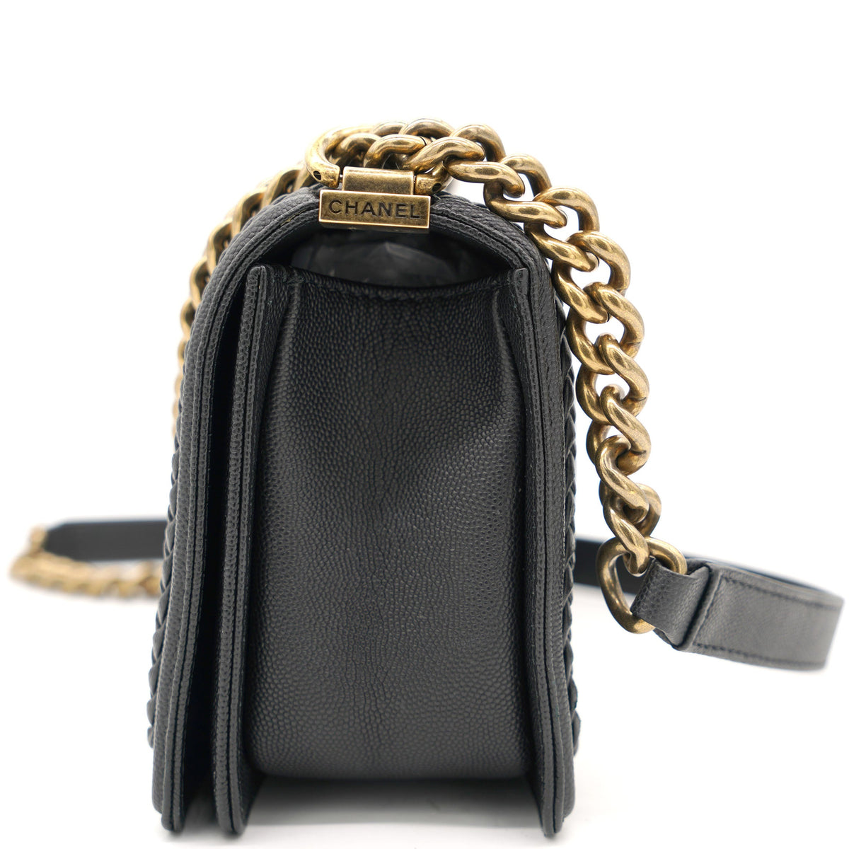 Black Quilted Leather and Twisted Leather Trim Old Medium Boy Flap Bag