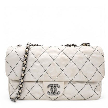 Glazed Goatskin Double Stitch Flap White