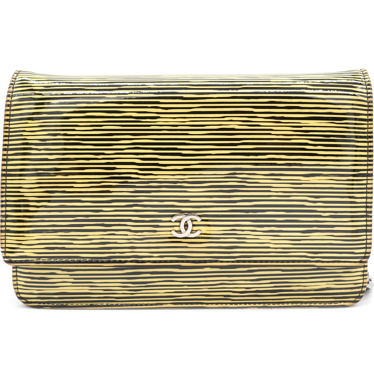 Yellow and Black Patent Calfskin Striped Wallet on Chain
