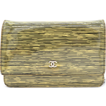 Yellow and Black Patent Calfskin Striped Wallet on Chain