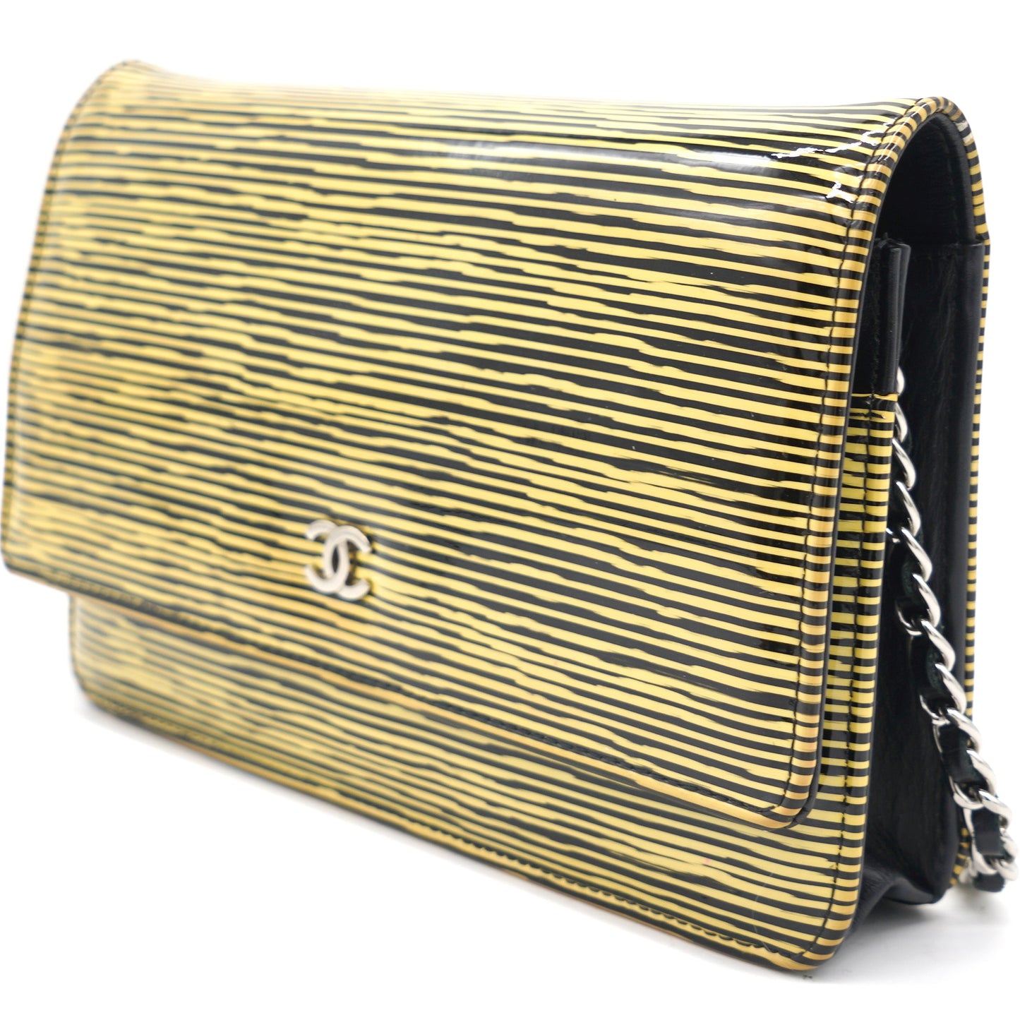 Yellow and Black Patent Calfskin Striped Wallet on Chain