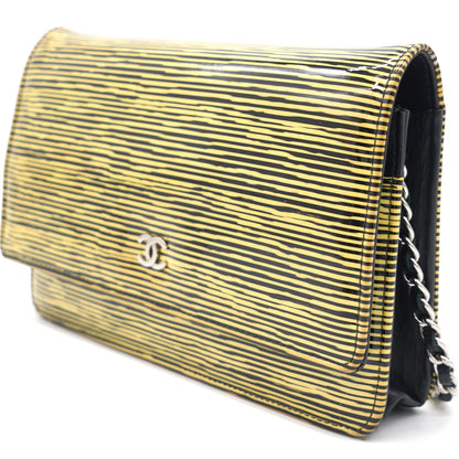 Yellow and Black Patent Calfskin Striped Wallet on Chain