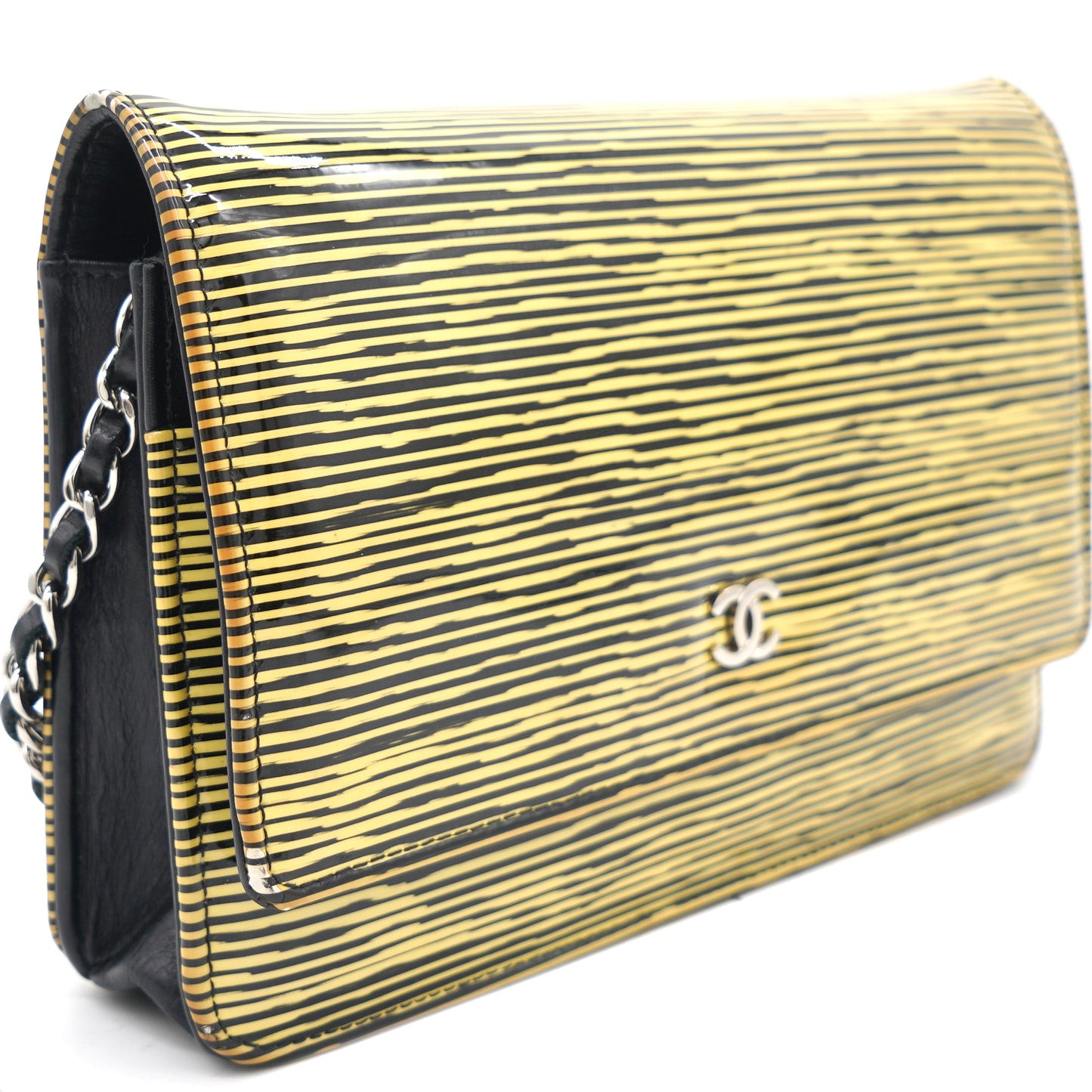 Yellow and Black Patent Calfskin Striped Wallet on Chain