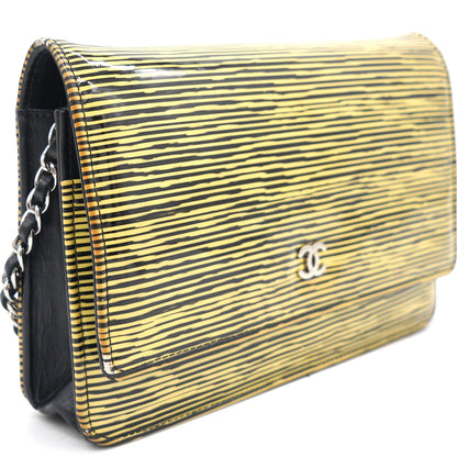 Yellow and Black Patent Calfskin Striped Wallet on Chain