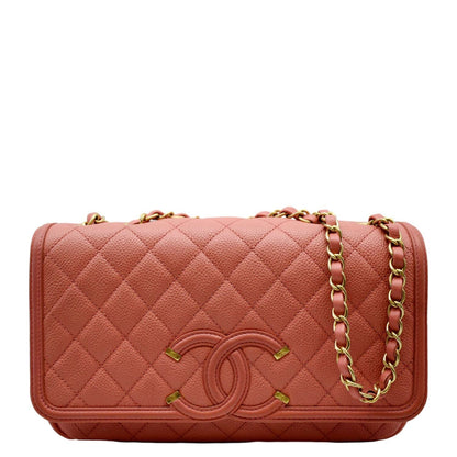 Chanel CC Filigree Medium Flap Caviar Leather Crossbody Bag Pink