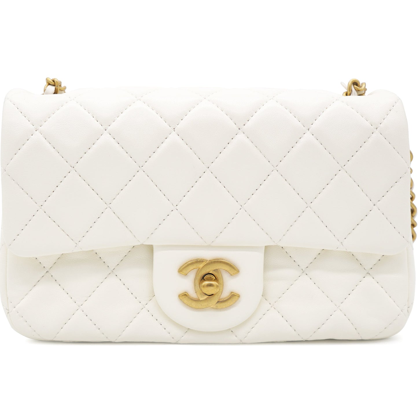 Pearl Crush Rectangular Flap Bag White Lambskin Antique Gold Hardware