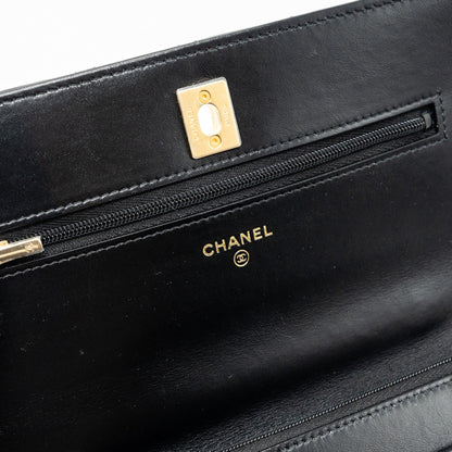 Chanel letter logo top handle flap wallet on chain shiny calfskin black GHW (microchip)