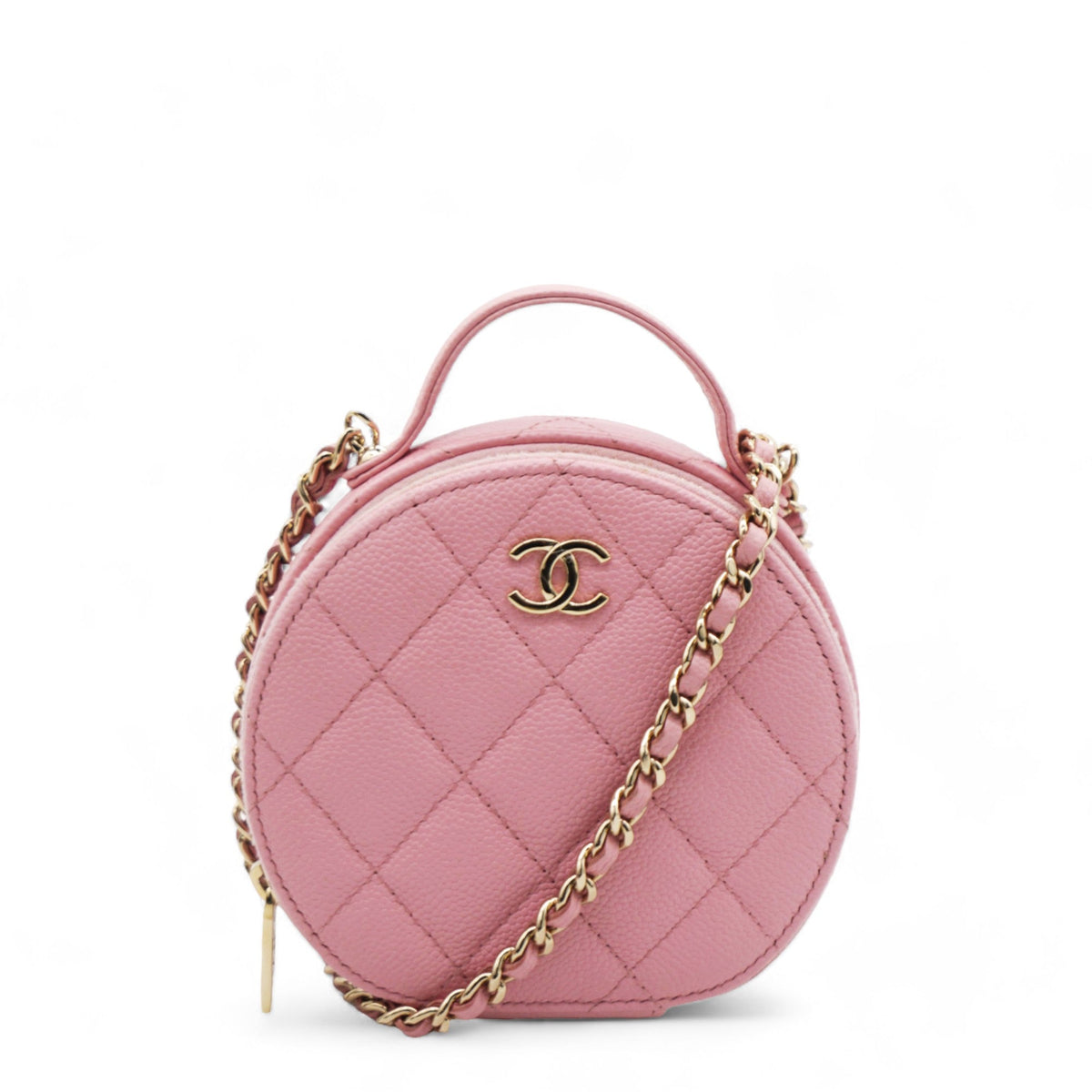 Caviar Quilted Round Handle With Care Vanity With Chain Pink