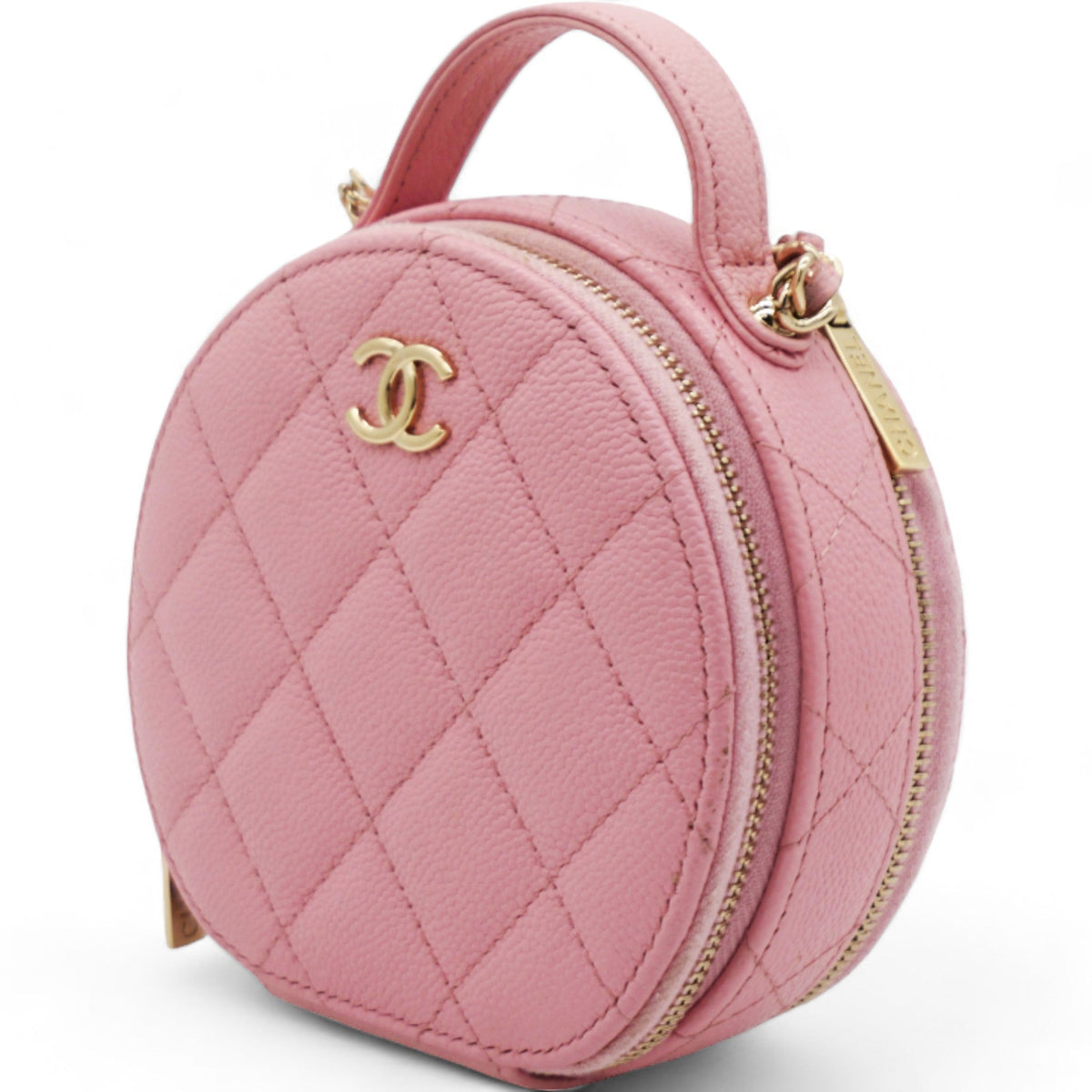 Caviar Quilted Round Handle With Care Vanity With Chain Pink