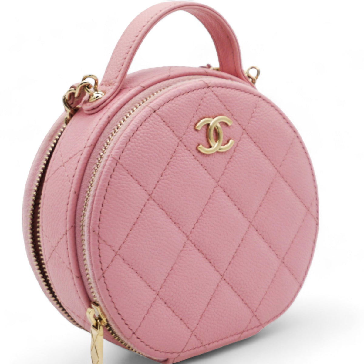 Caviar Quilted Round Handle With Care Vanity With Chain Pink