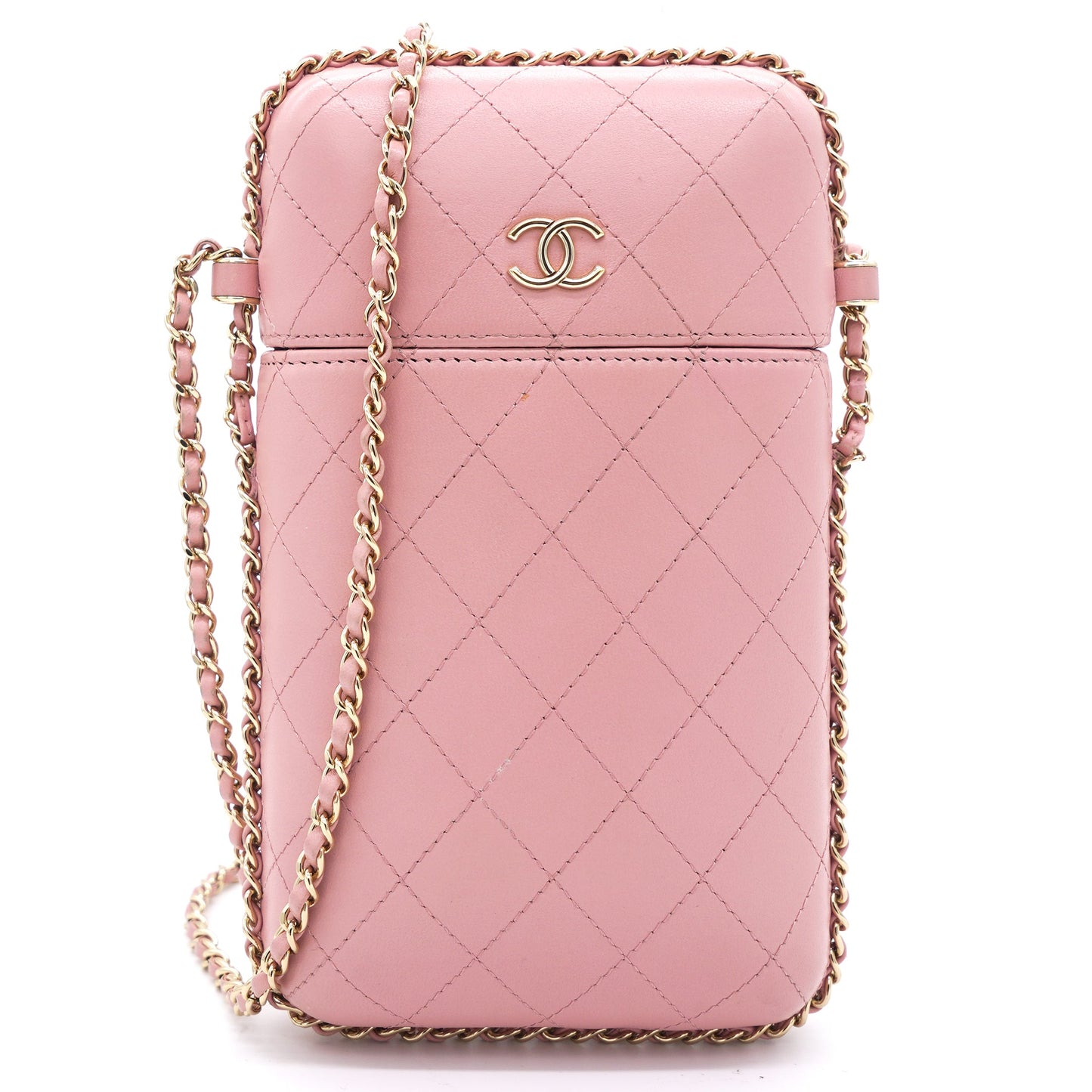 Lambskin Quilted Chain Around Phone Holder Pink