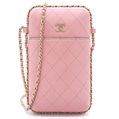 Lambskin Quilted Chain Around Phone Holder Pink