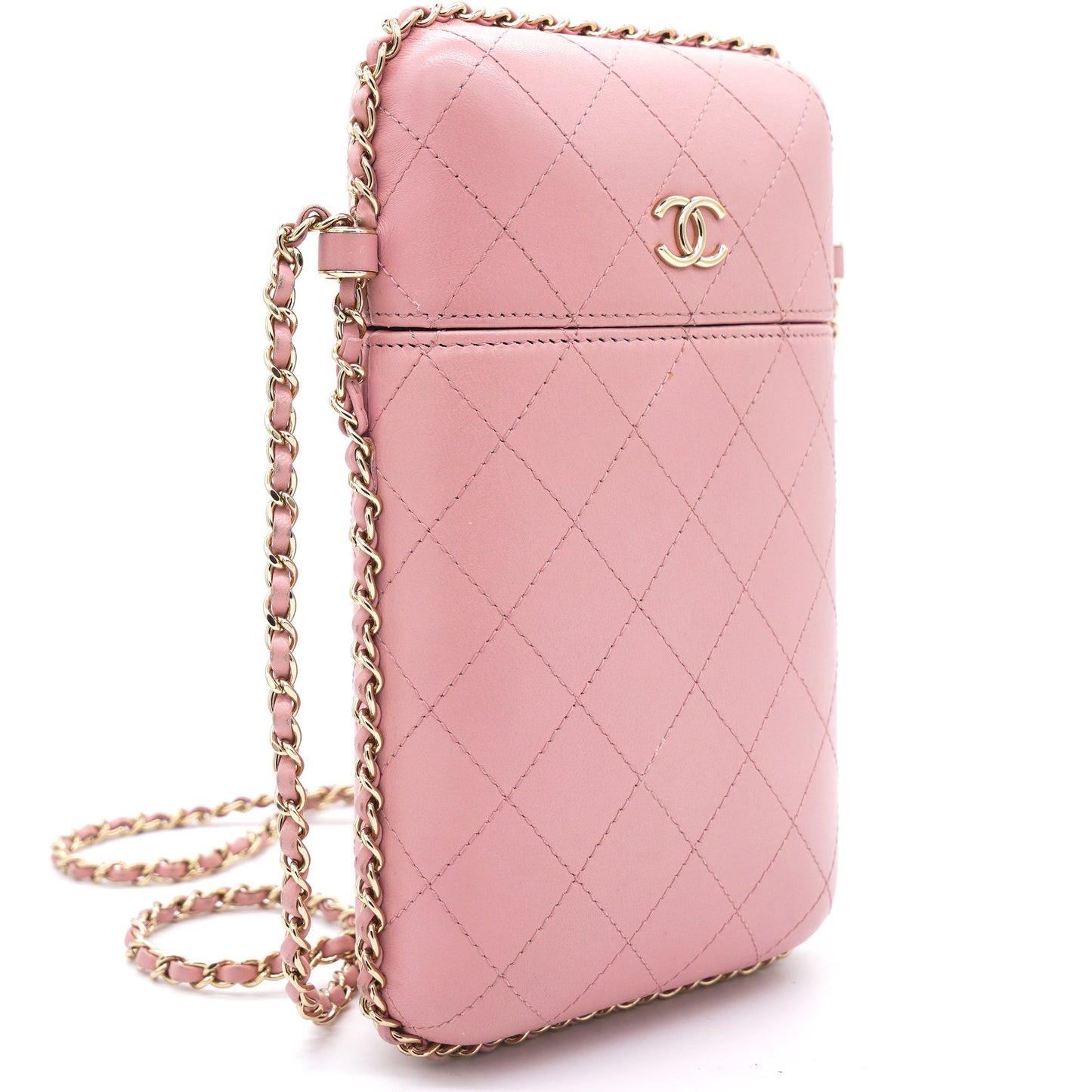 Lambskin Quilted Chain Around Phone Holder Pink