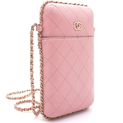 Lambskin Quilted Chain Around Phone Holder Pink